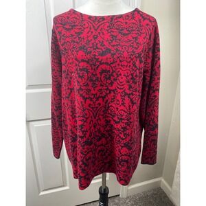 J. Jill XL Red Black Paisley Print Rhinestone Accents Long‎ Sleeve Knit Sweater